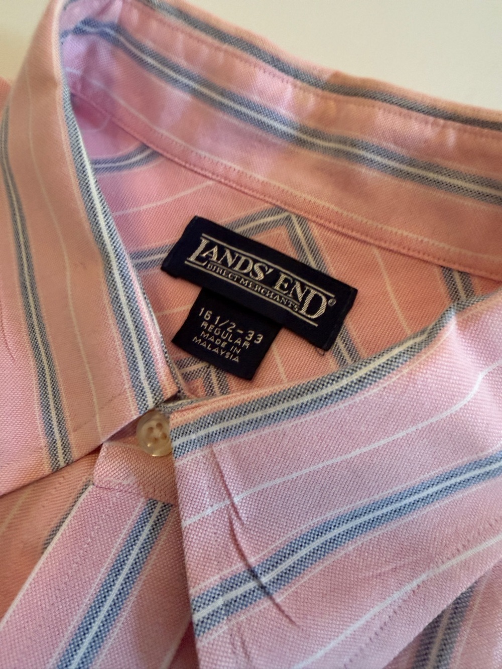 Lands’ End Men’s Oxford Button-Down Shirt – 16.5/33 – Pink & Blue Striped